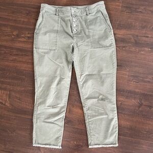 LOFT High Rise Button Fly Ankle Pants Unfinished Raw Hem Olive Green Size 14‎